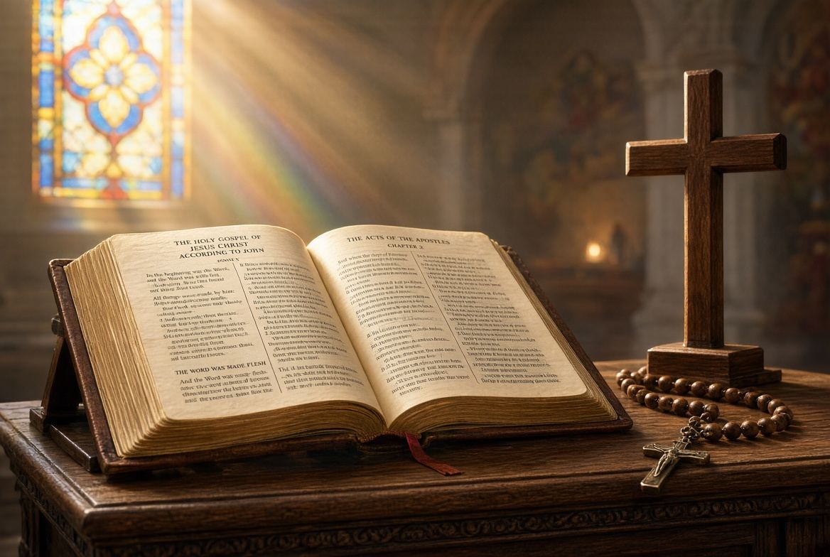 An open Bible on a wooden lectern beside a cross and rosary, lit by sunlight through a stained-glass window